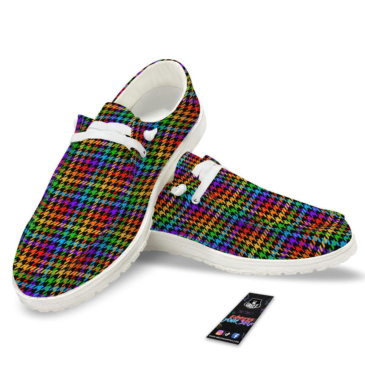 Houndstooth Rainbow Print Pattern Black Loafers-grizzshop