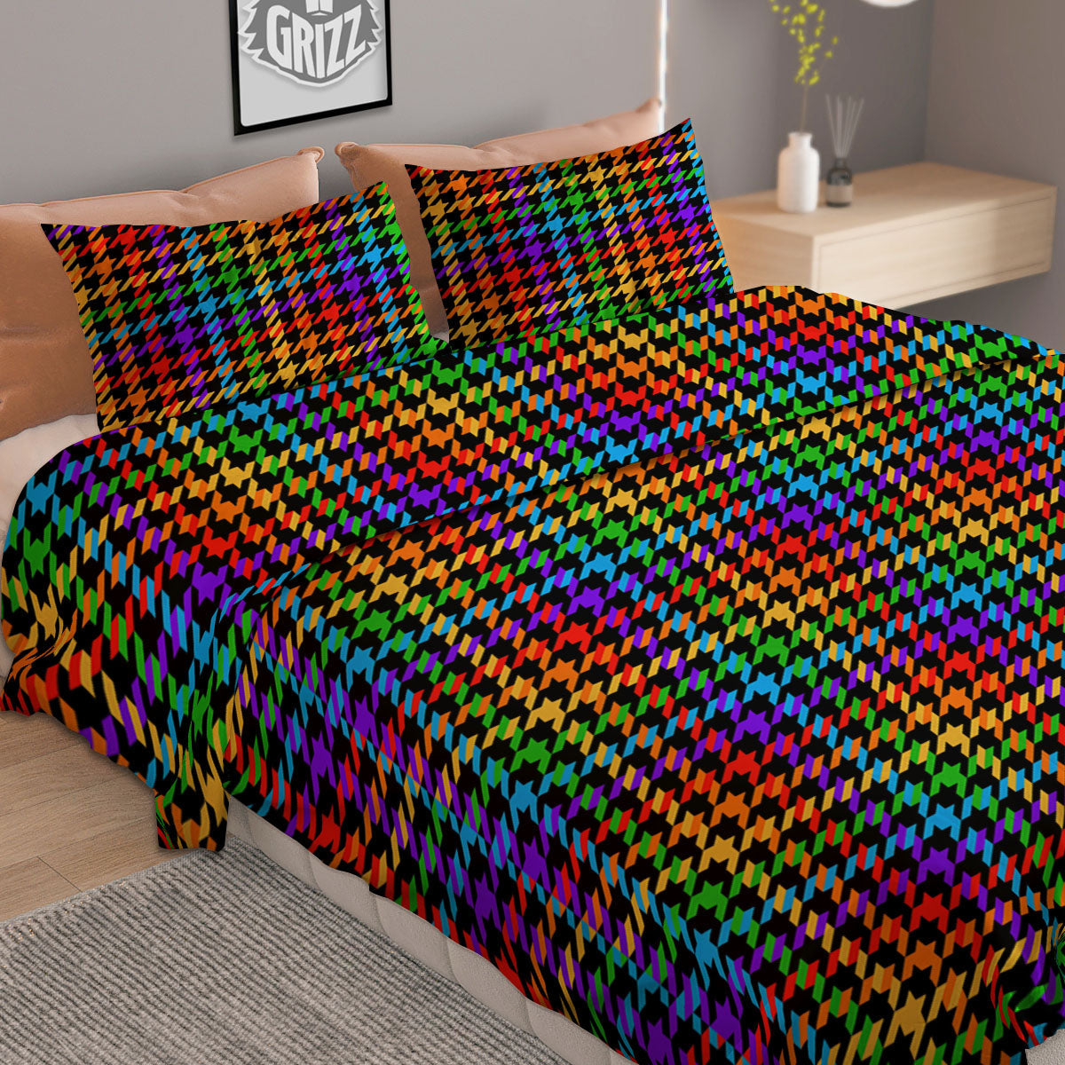 Houndstooth Rainbow Print Pattern Duvet Cover Bedding Set-grizzshop