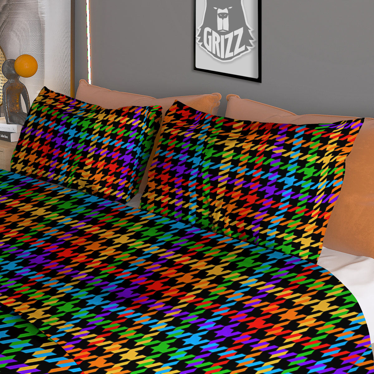 Houndstooth Rainbow Print Pattern Duvet Cover Bedding Set-grizzshop