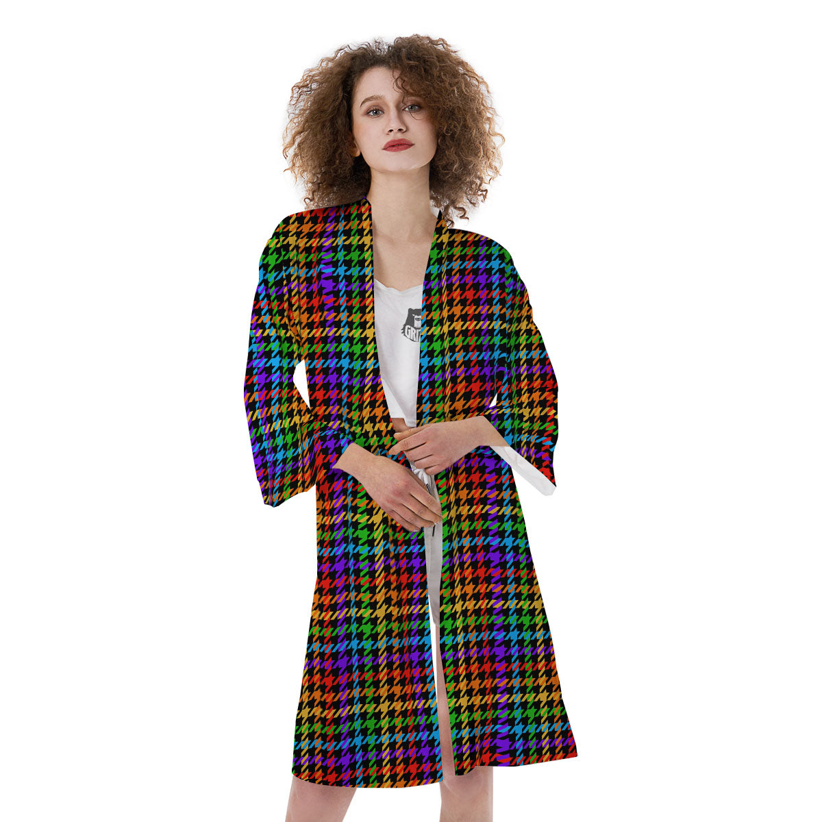 Houndstooth Rainbow Print Pattern Kimono-grizzshop