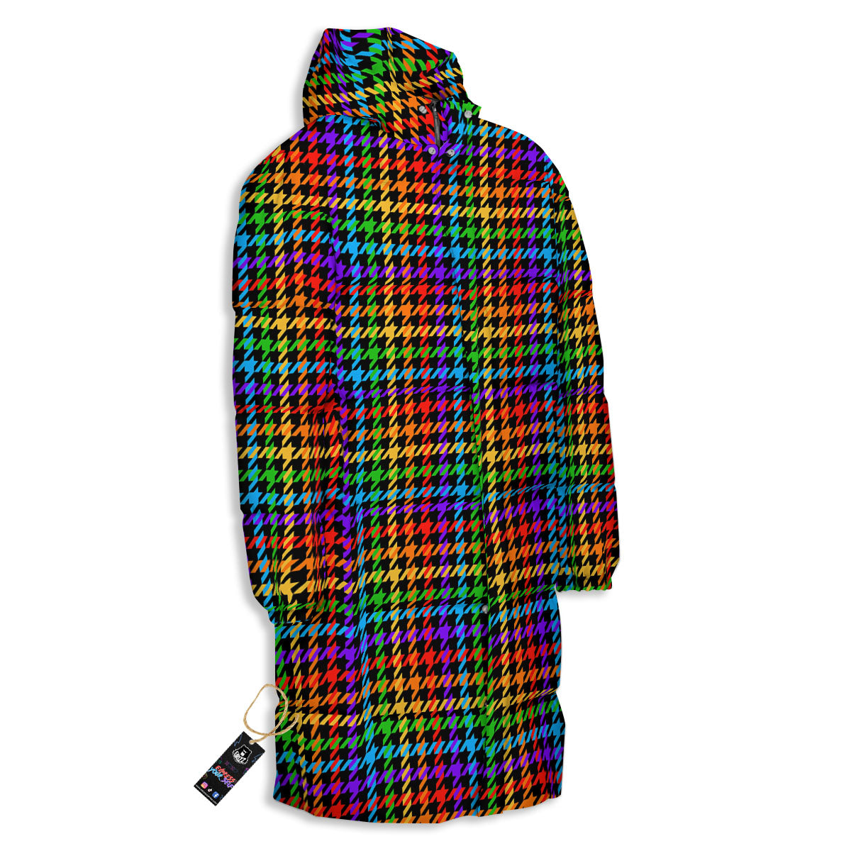 Houndstooth Rainbow Print Pattern Long Down Jacket-grizzshop