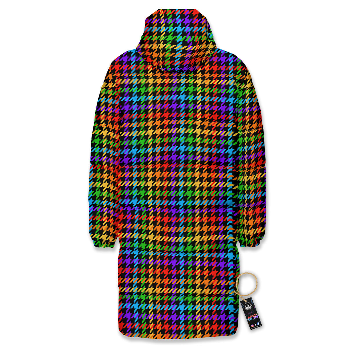 Houndstooth Rainbow Print Pattern Long Down Jacket-grizzshop