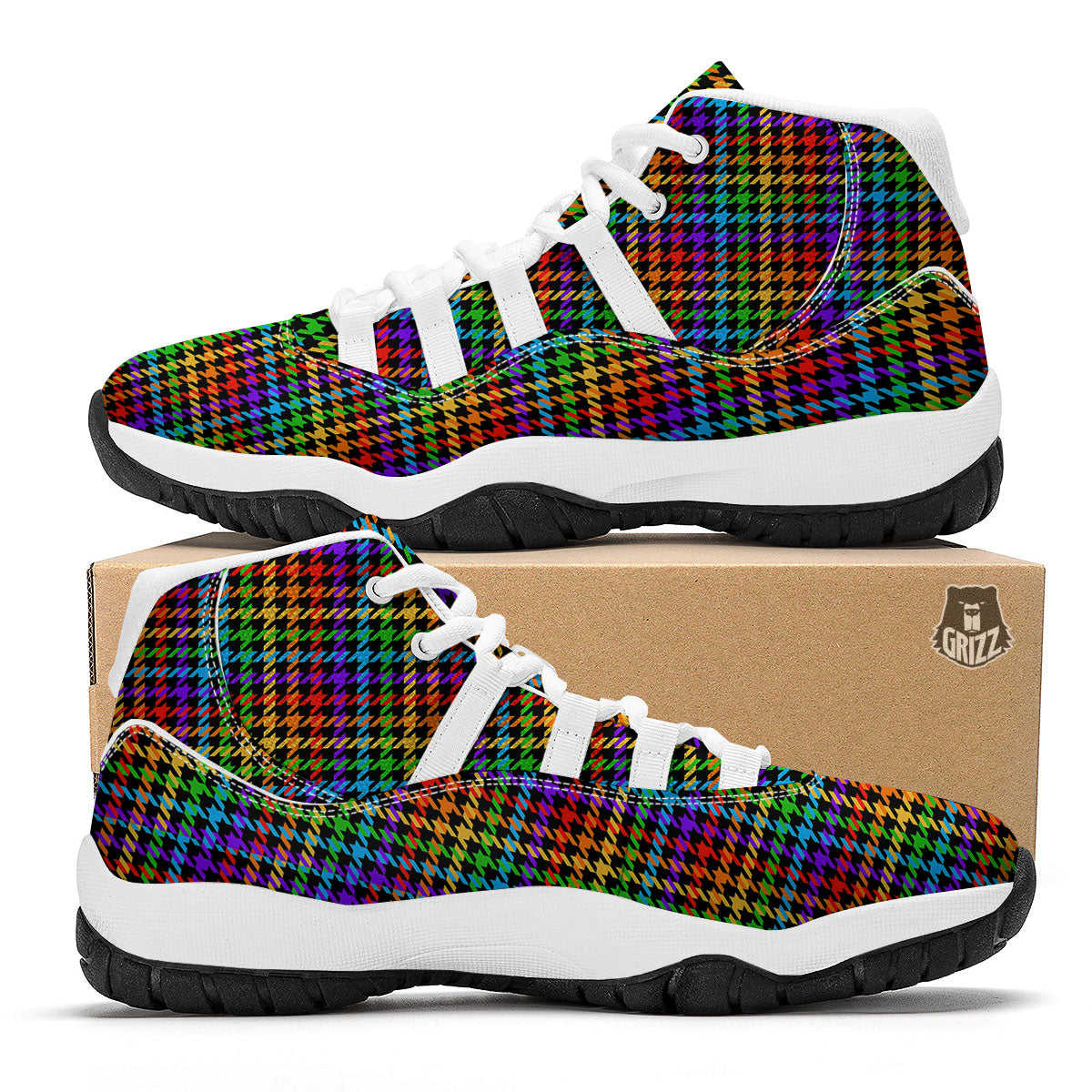 Houndstooth Rainbow Print Pattern White Bball Shoes-grizzshop