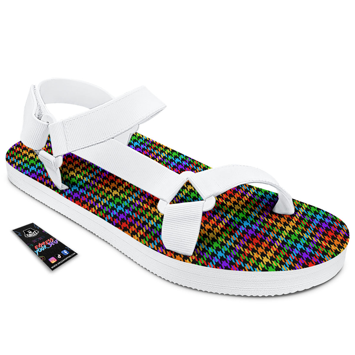 Houndstooth Rainbow Print Pattern White Open Toe Sandals-grizzshop