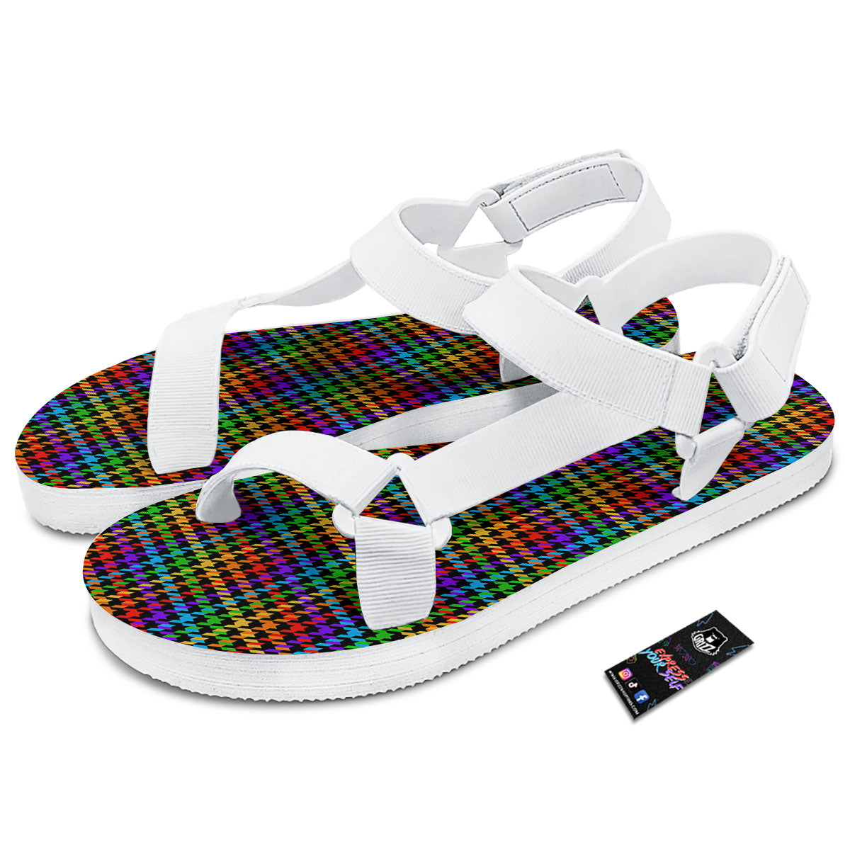 Houndstooth Rainbow Print Pattern White Open Toe Sandals-grizzshop