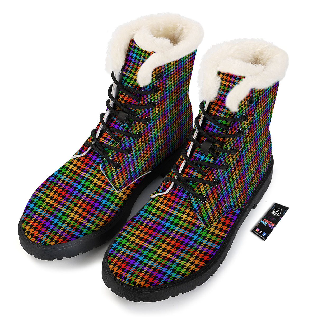 Houndstooth Rainbow Print Pattern Winter Boots-grizzshop