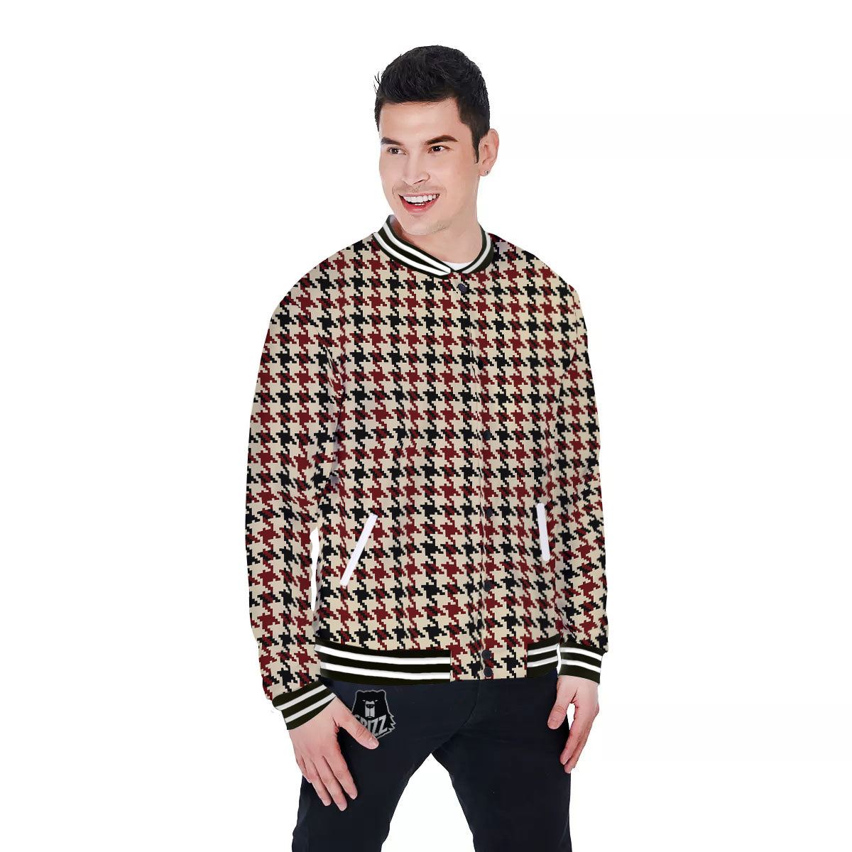 Houndstooth Red Brown Print Pattern Baseball Jacket-grizzshop