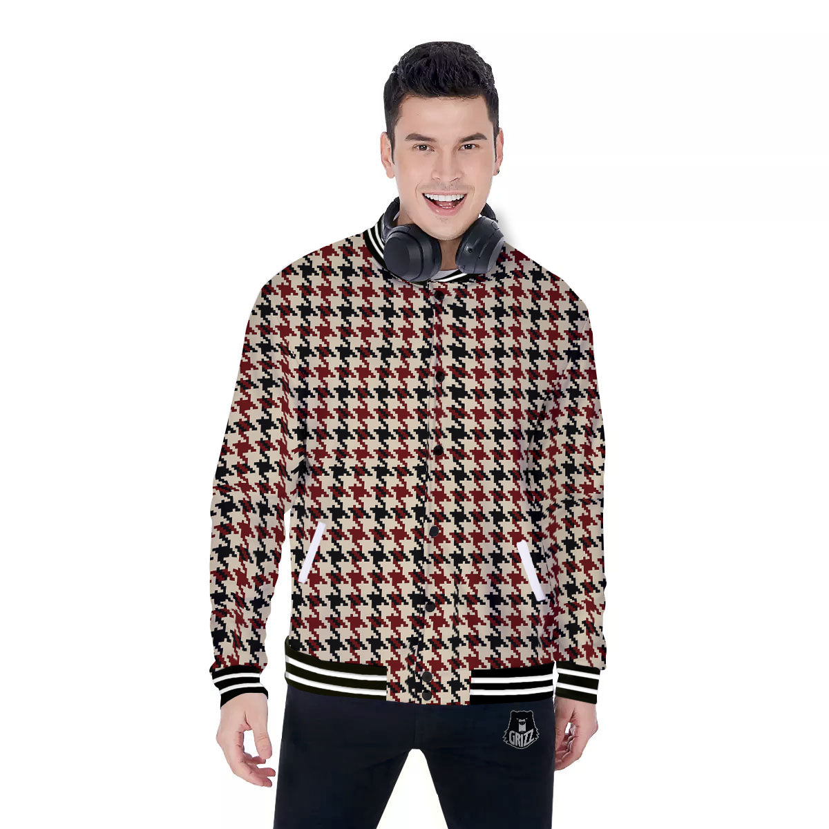 Houndstooth Red Brown Print Pattern Baseball Jacket-grizzshop