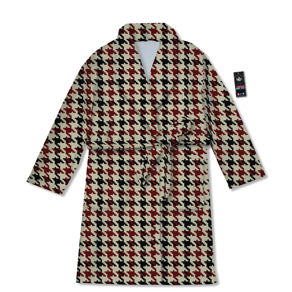 Houndstooth Red Brown Print Pattern Bathrobe-grizzshop