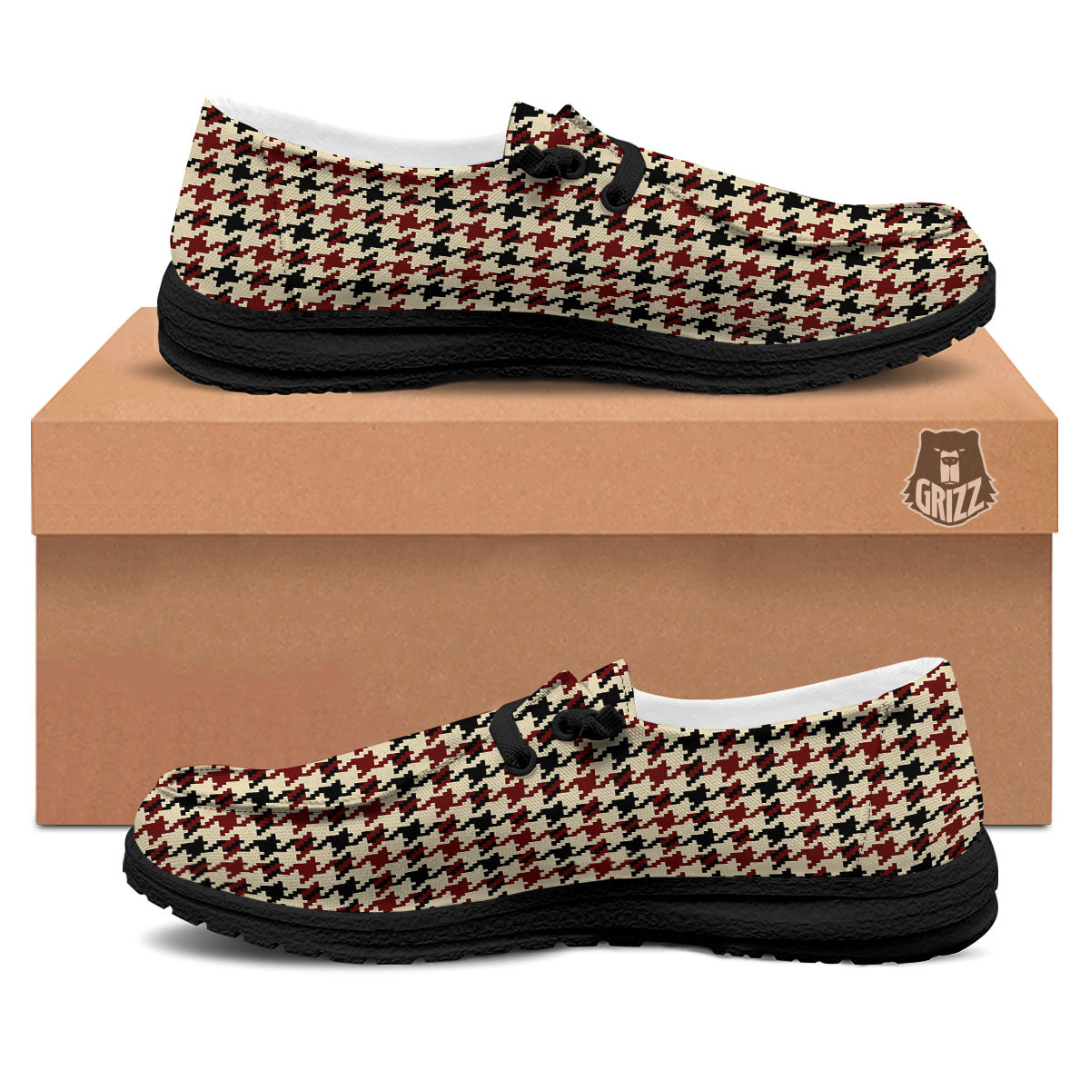Houndstooth Red Brown Print Pattern Black Loafers-grizzshop