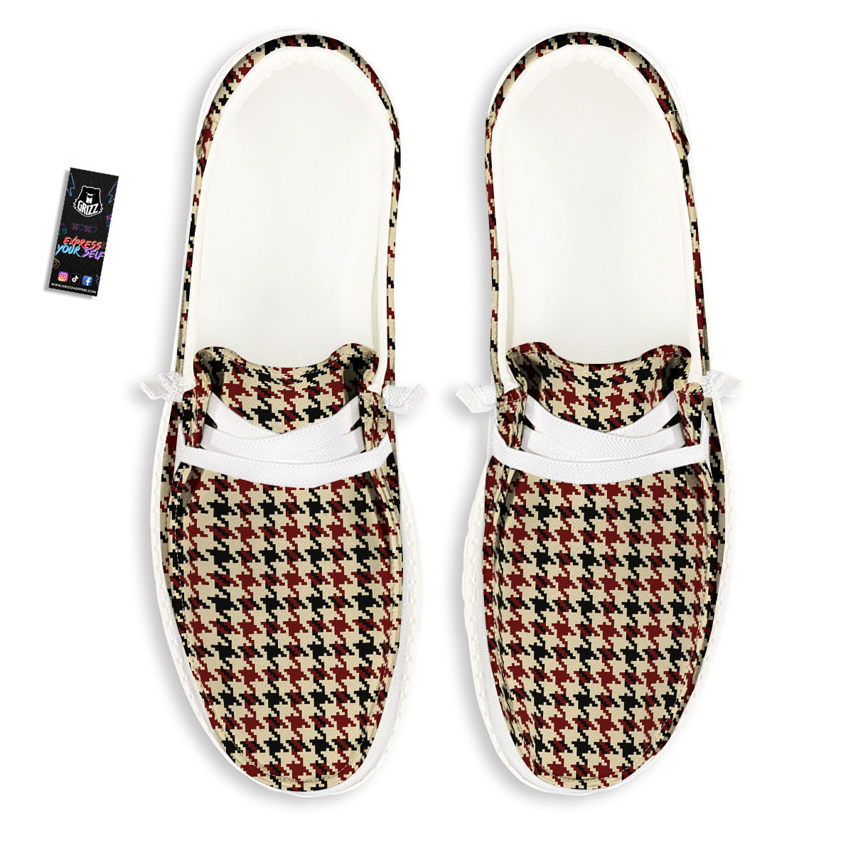 Houndstooth Red Brown Print Pattern Black Loafers-grizzshop