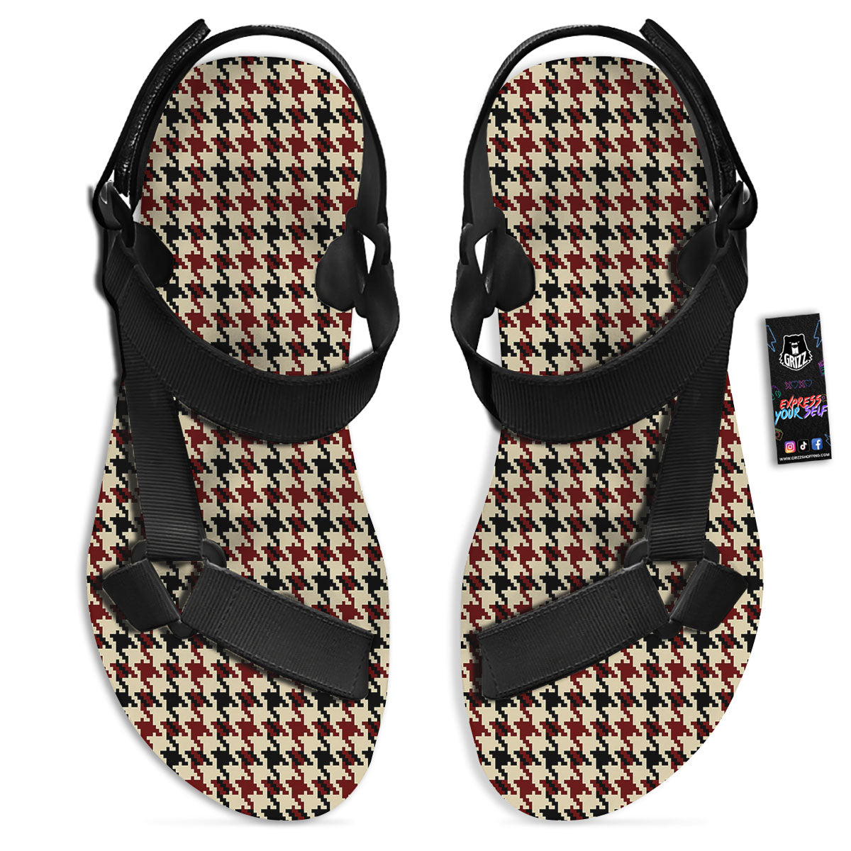 Houndstooth Red Brown Print Pattern Black Open Toe Sandals-grizzshop