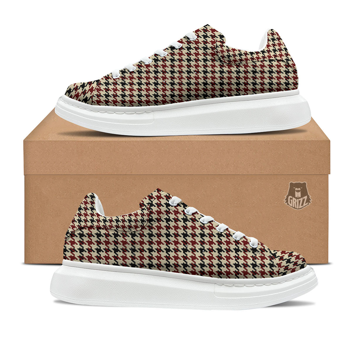 Houndstooth Red Brown Print Pattern Platform Shoes-grizzshop