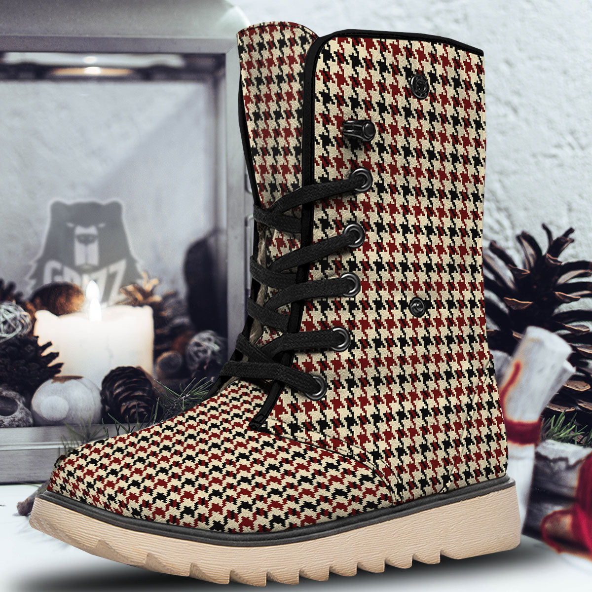 Houndstooth Red Brown Print Pattern Snow Boots-grizzshop