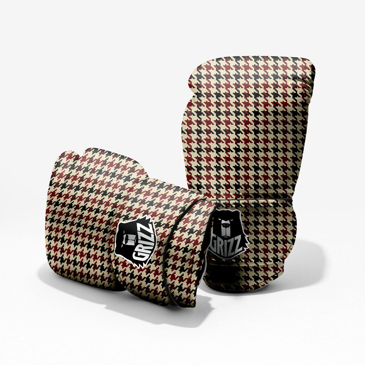 Houndstooth Red Brown Print Pattern Sparring Gloves-grizzshop