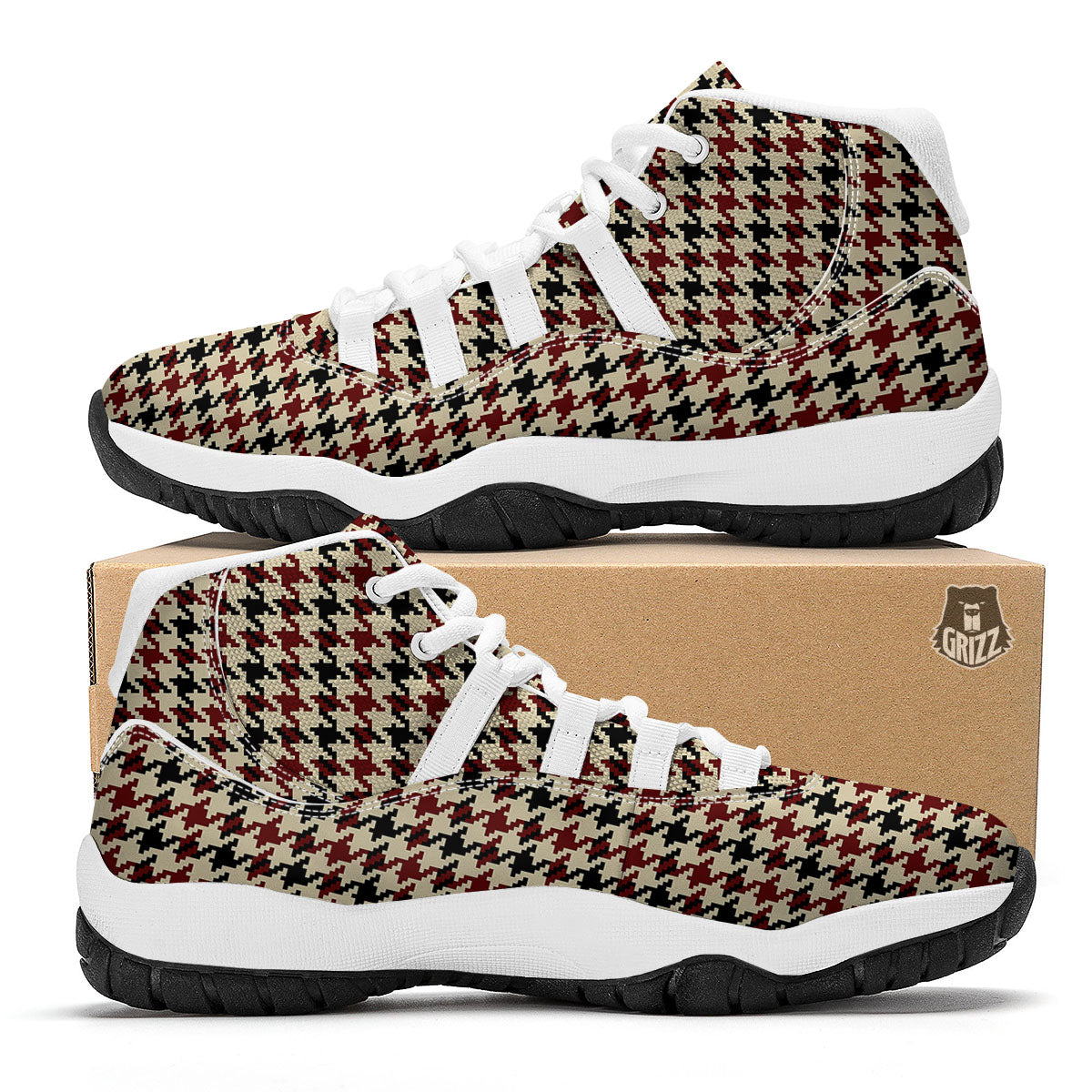 Houndstooth Red Brown Print Pattern White Bball Shoes-grizzshop