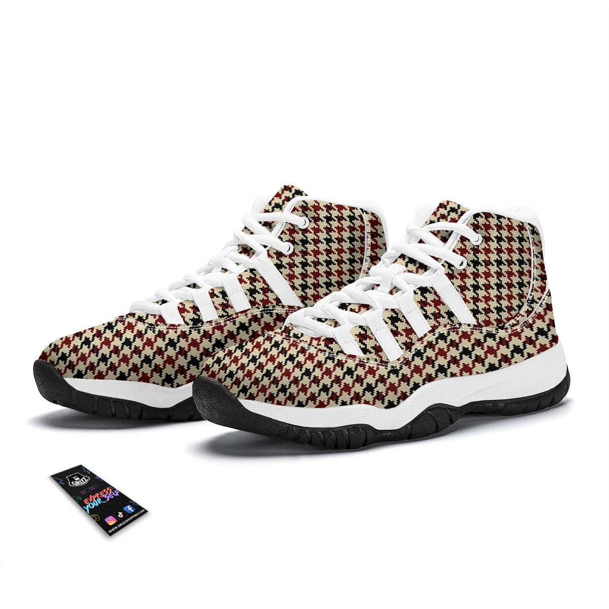 Houndstooth Red Brown Print Pattern White Bball Shoes-grizzshop