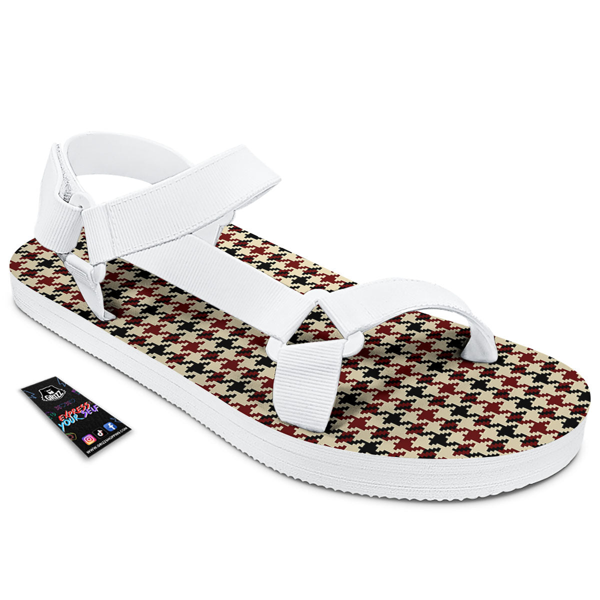 Houndstooth Red Brown Print Pattern White Open Toe Sandals-grizzshop