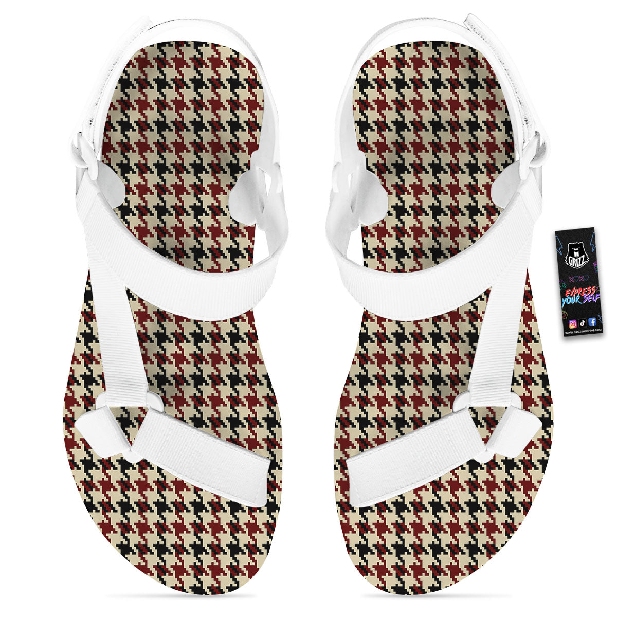 Houndstooth Red Brown Print Pattern White Open Toe Sandals-grizzshop