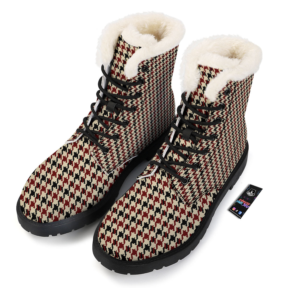 Houndstooth Red Brown Print Pattern Winter Boots-grizzshop