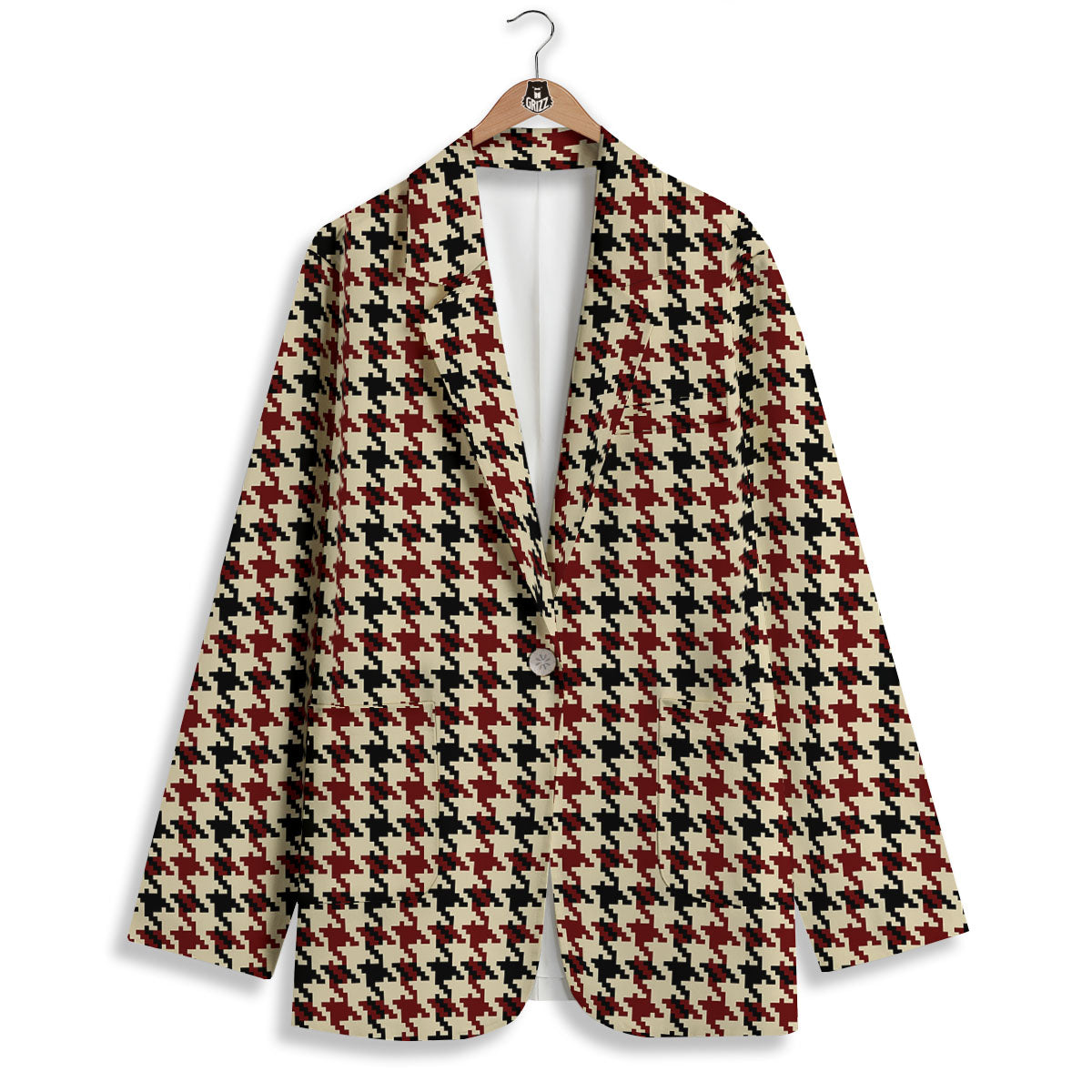 Houndstooth Red Brown Print Pattern Women's Blazer-grizzshop