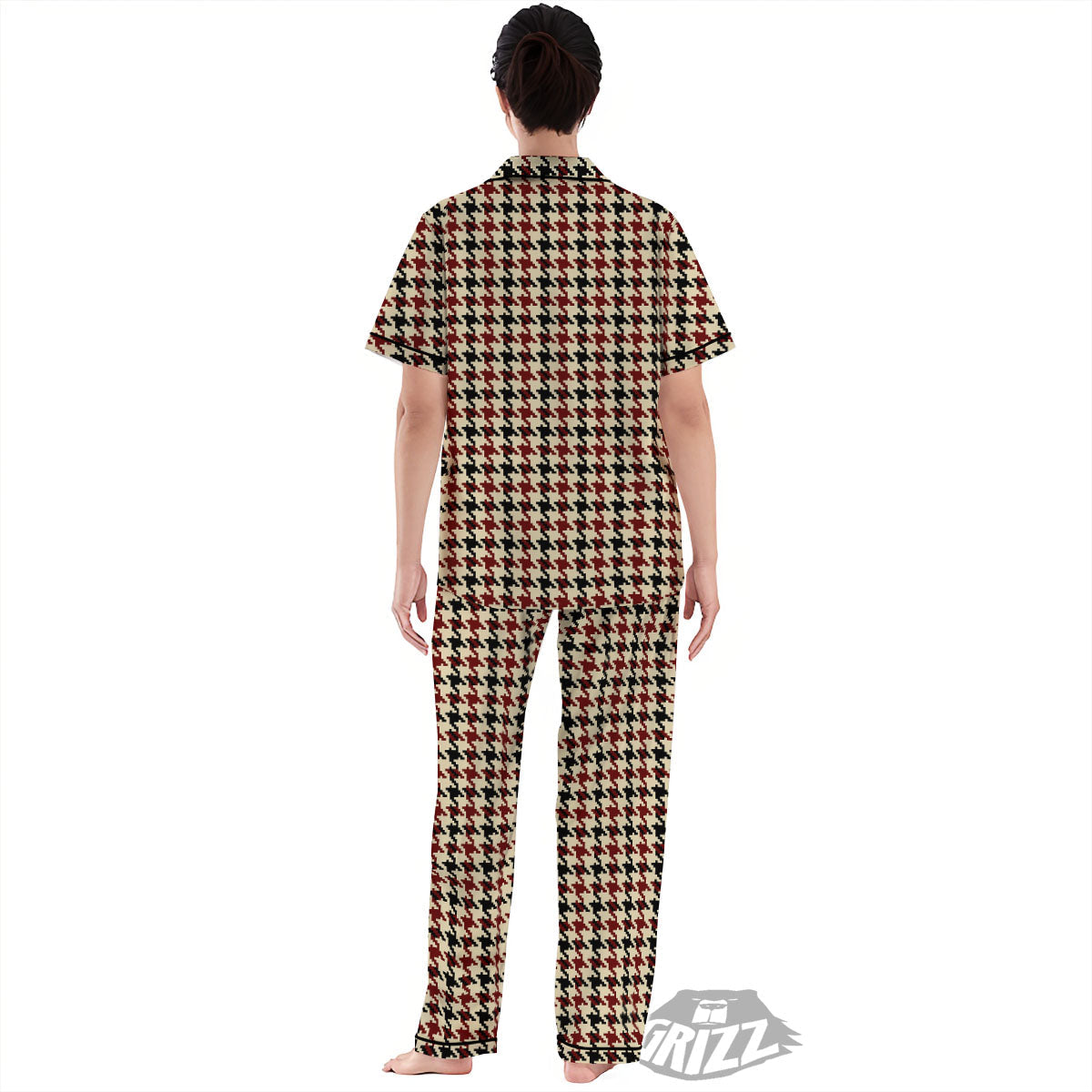Houndstooth Red Brown Print Pattern Women's Pajamas Set-grizzshop