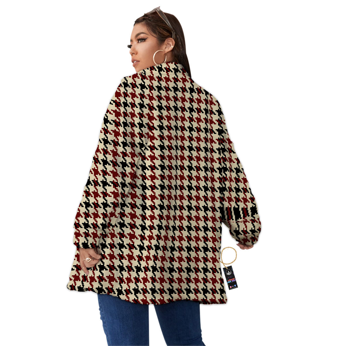 Houndstooth Red Brown Print Pattern Women's Sherpa Jacket-grizzshop