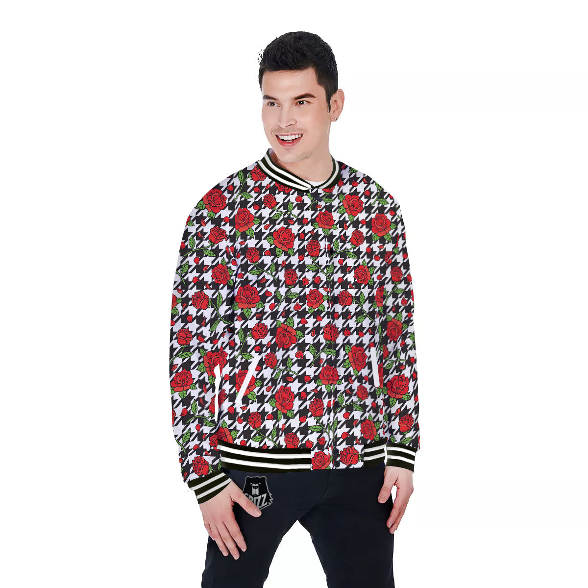 Houndstooth Red Roses Print Pattern Baseball Jacket-grizzshop