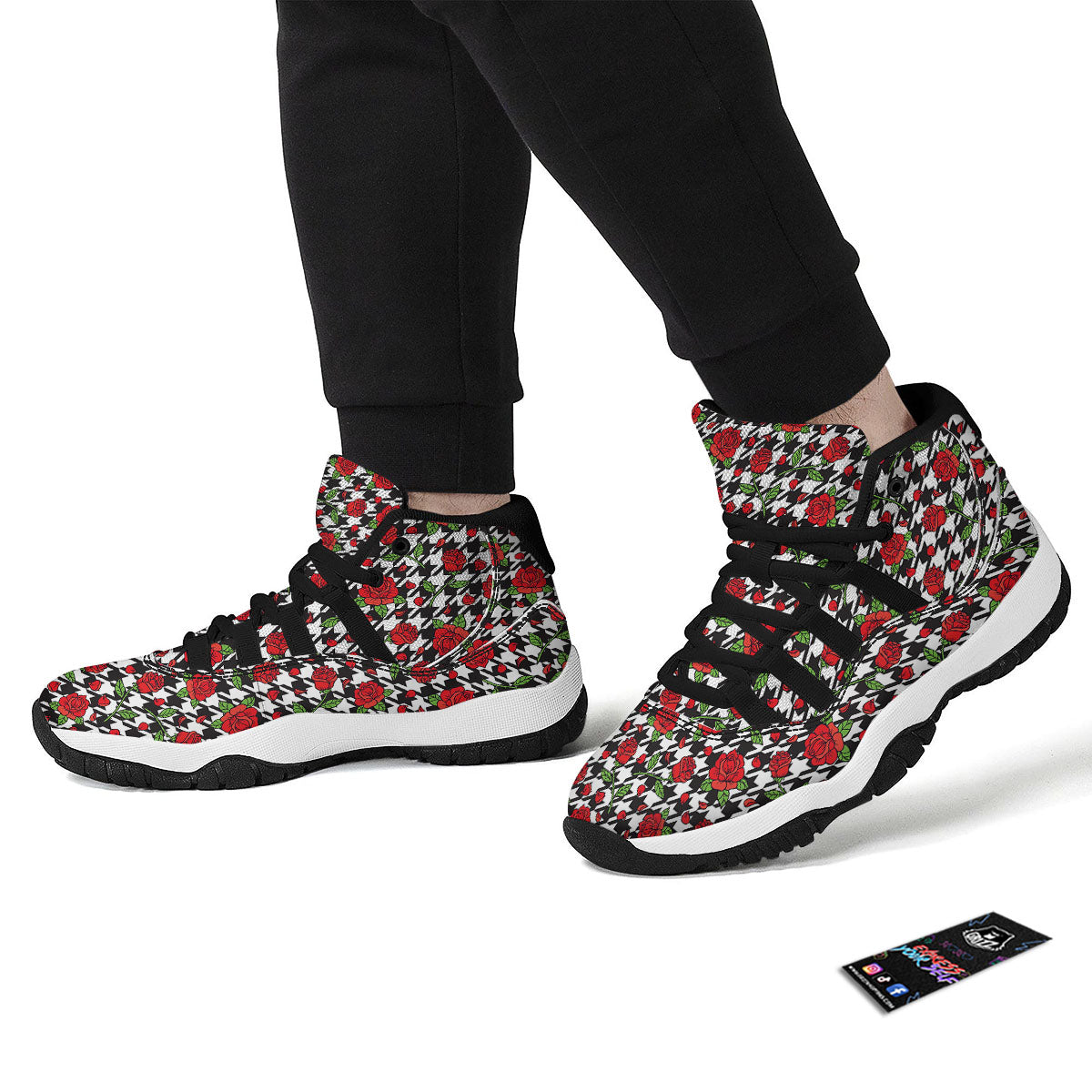 Houndstooth Red Roses Print Pattern Black Bball Shoes-grizzshop
