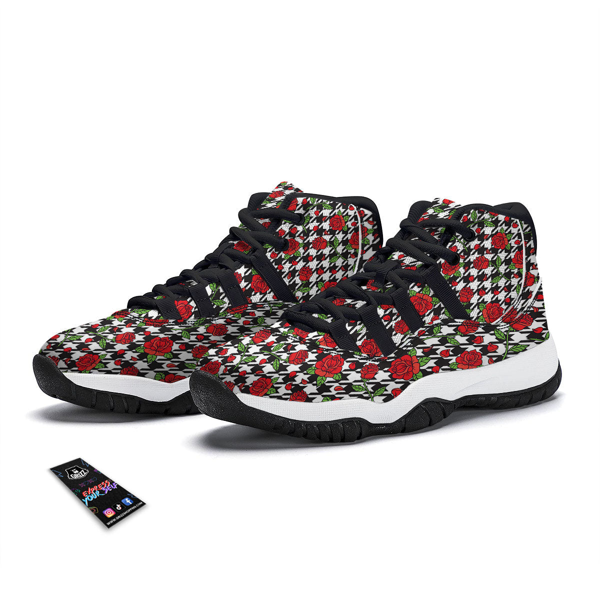 Houndstooth Red Roses Print Pattern Black Bball Shoes-grizzshop