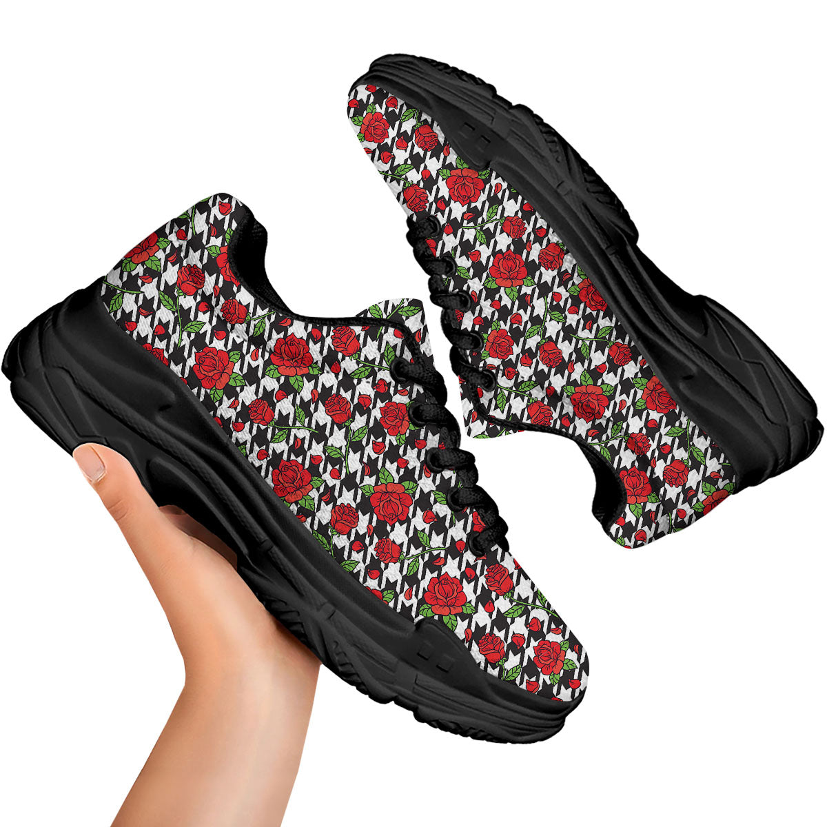 Houndstooth Red Roses Print Pattern Black Chunky Shoes-grizzshop