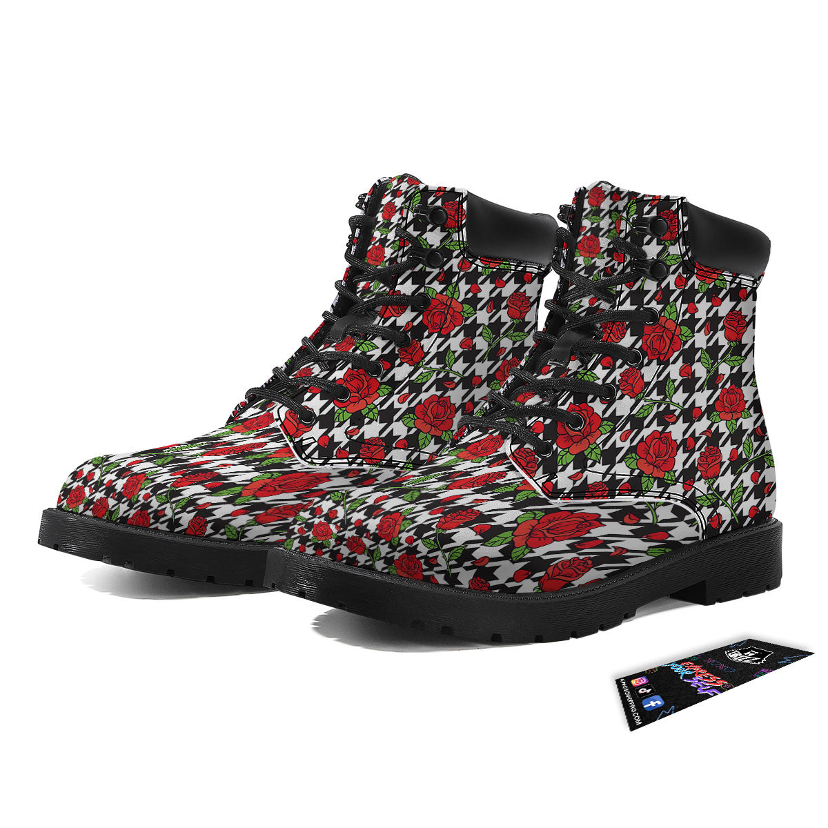 Houndstooth Red Roses Print Pattern Boots-grizzshop