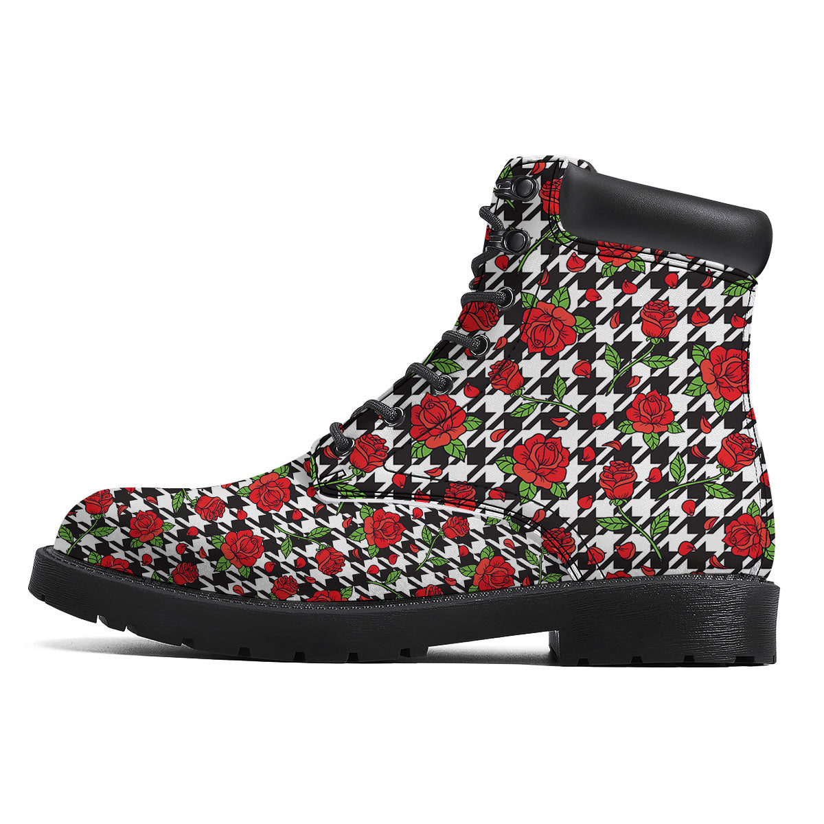 Houndstooth Red Roses Print Pattern Boots-grizzshop