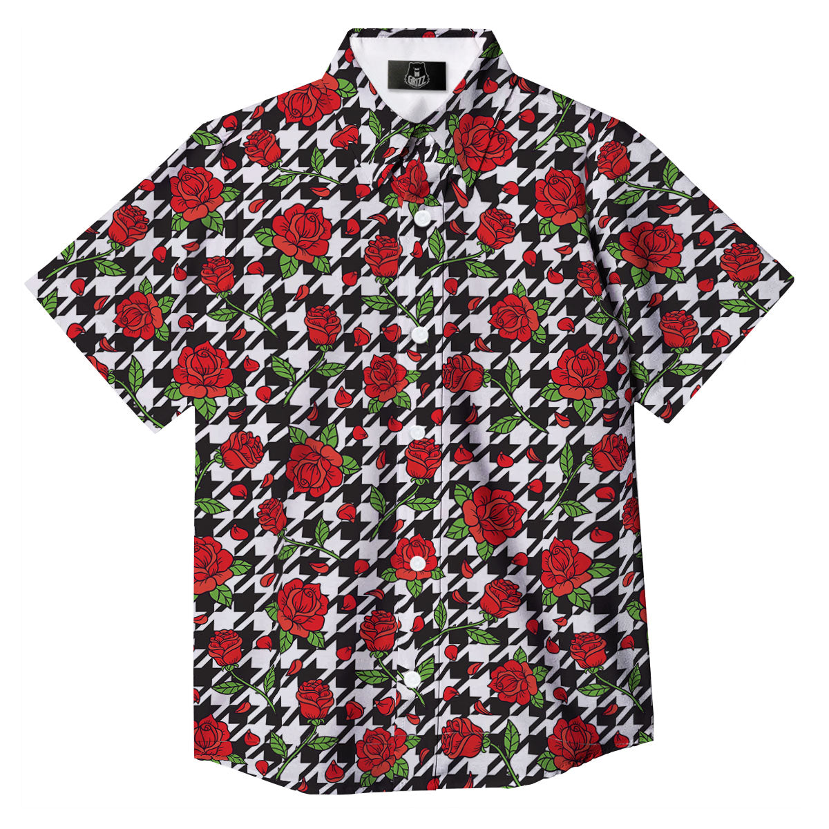 Houndstooth Red Roses Print Pattern Button Up Shirt-grizzshop