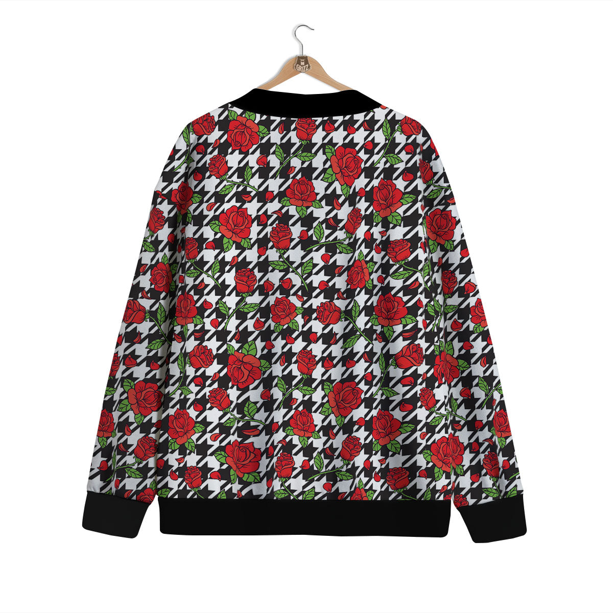 Houndstooth Red Roses Print Pattern Cardigan-grizzshop