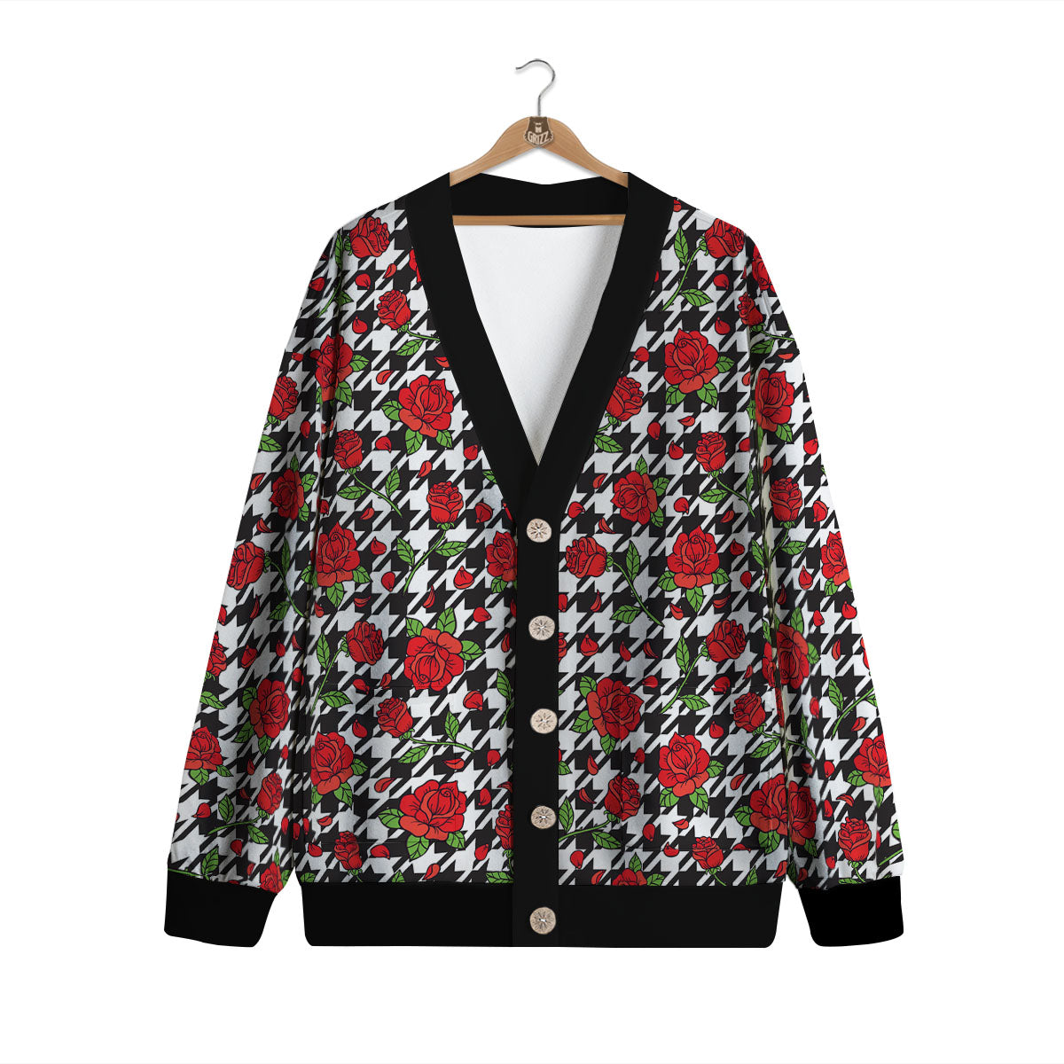 Houndstooth Red Roses Print Pattern Cardigan-grizzshop