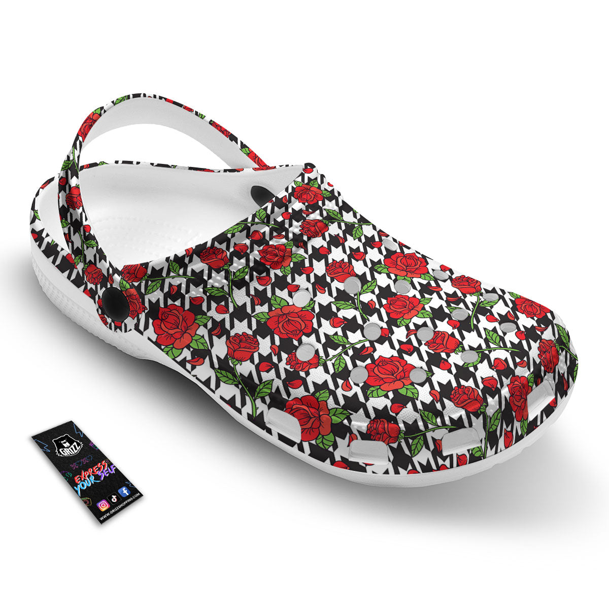 Houndstooth Red Roses Print Pattern Clog-grizzshop