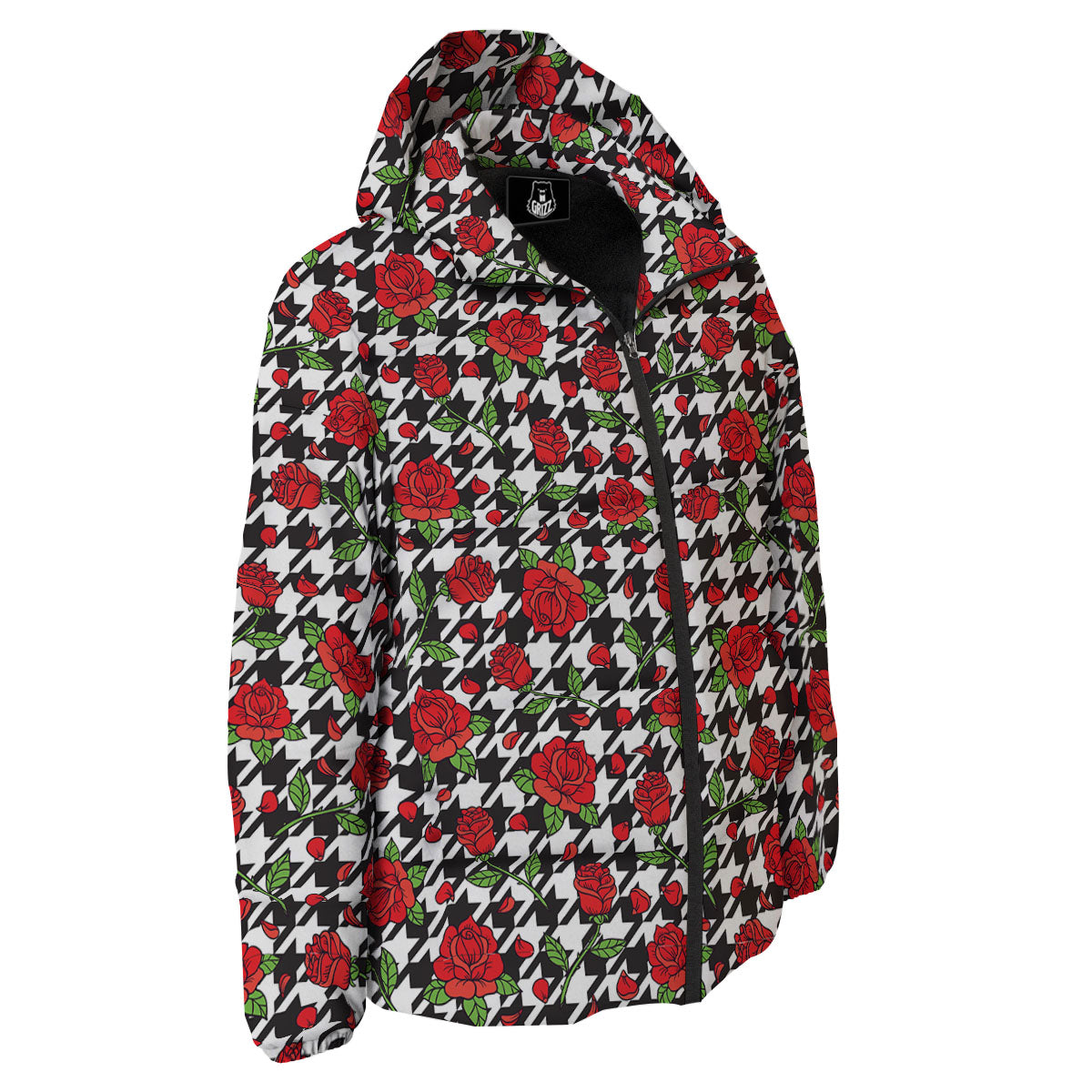 Houndstooth Red Roses Print Pattern Down Jacket-grizzshop
