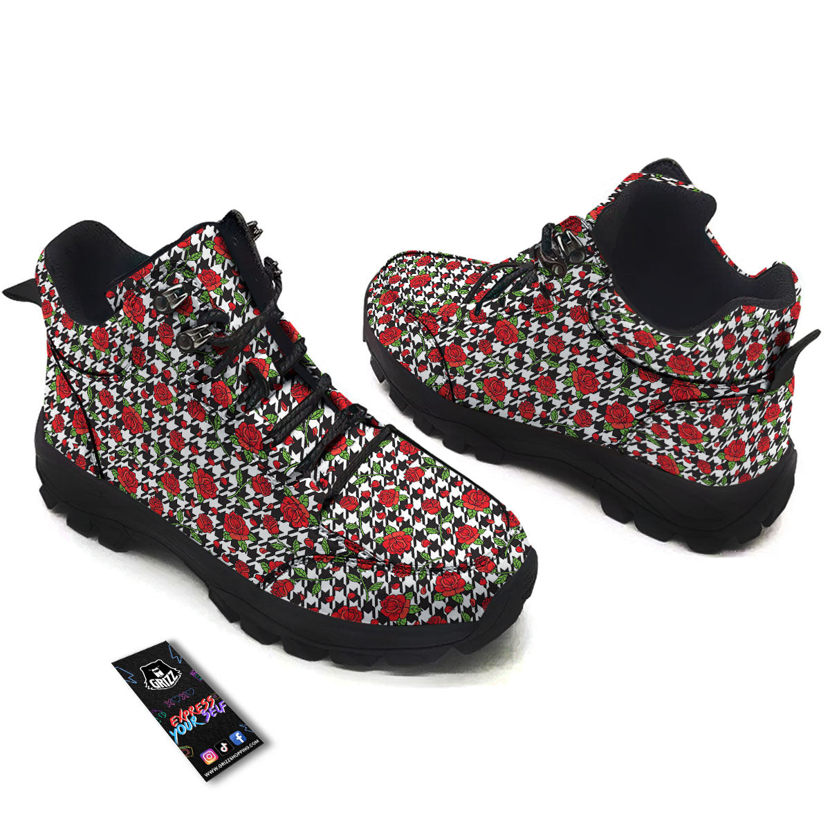 Houndstooth Red Roses Print Pattern Hiking Shoes-grizzshop
