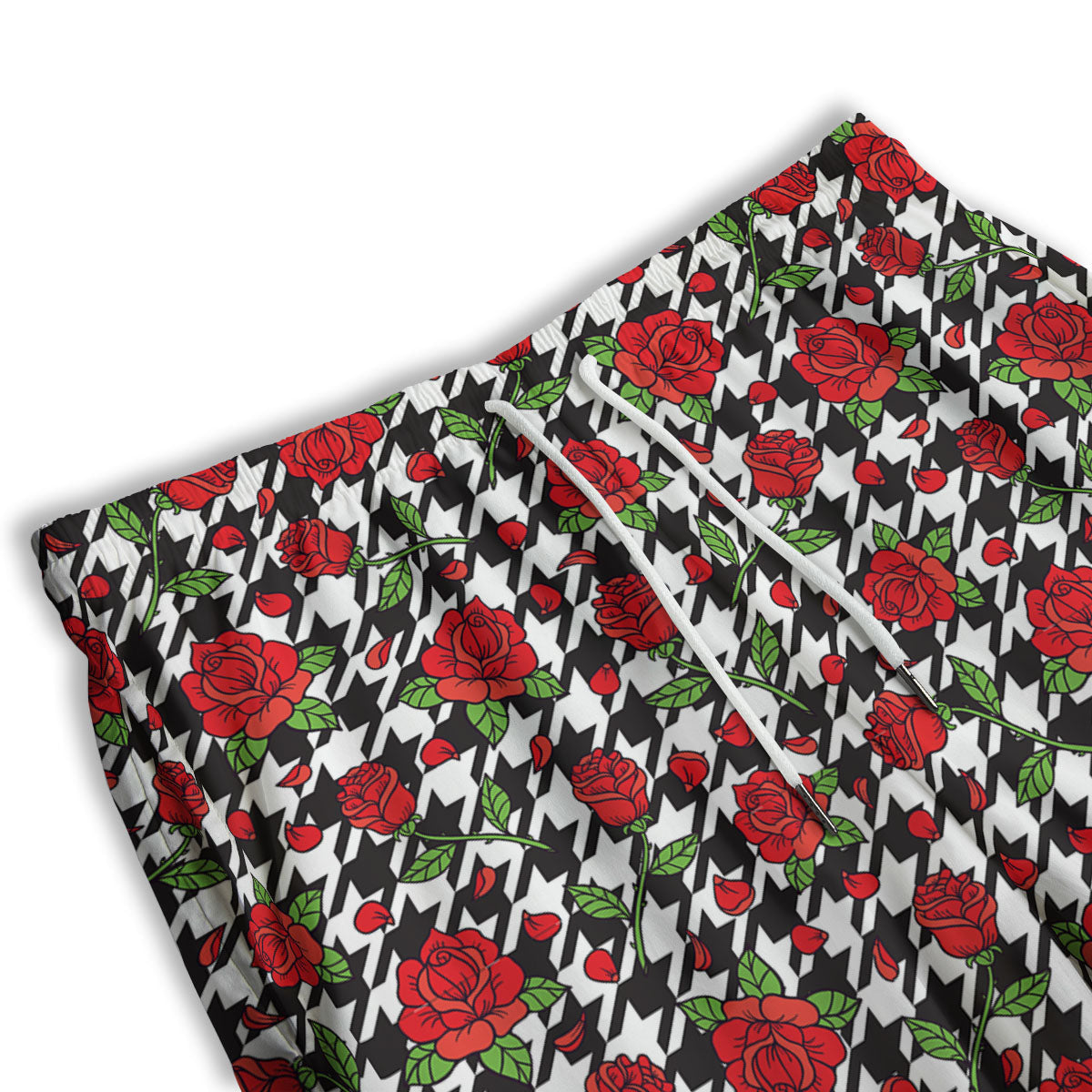Houndstooth Red Roses Print Pattern Men's Athletic Shorts