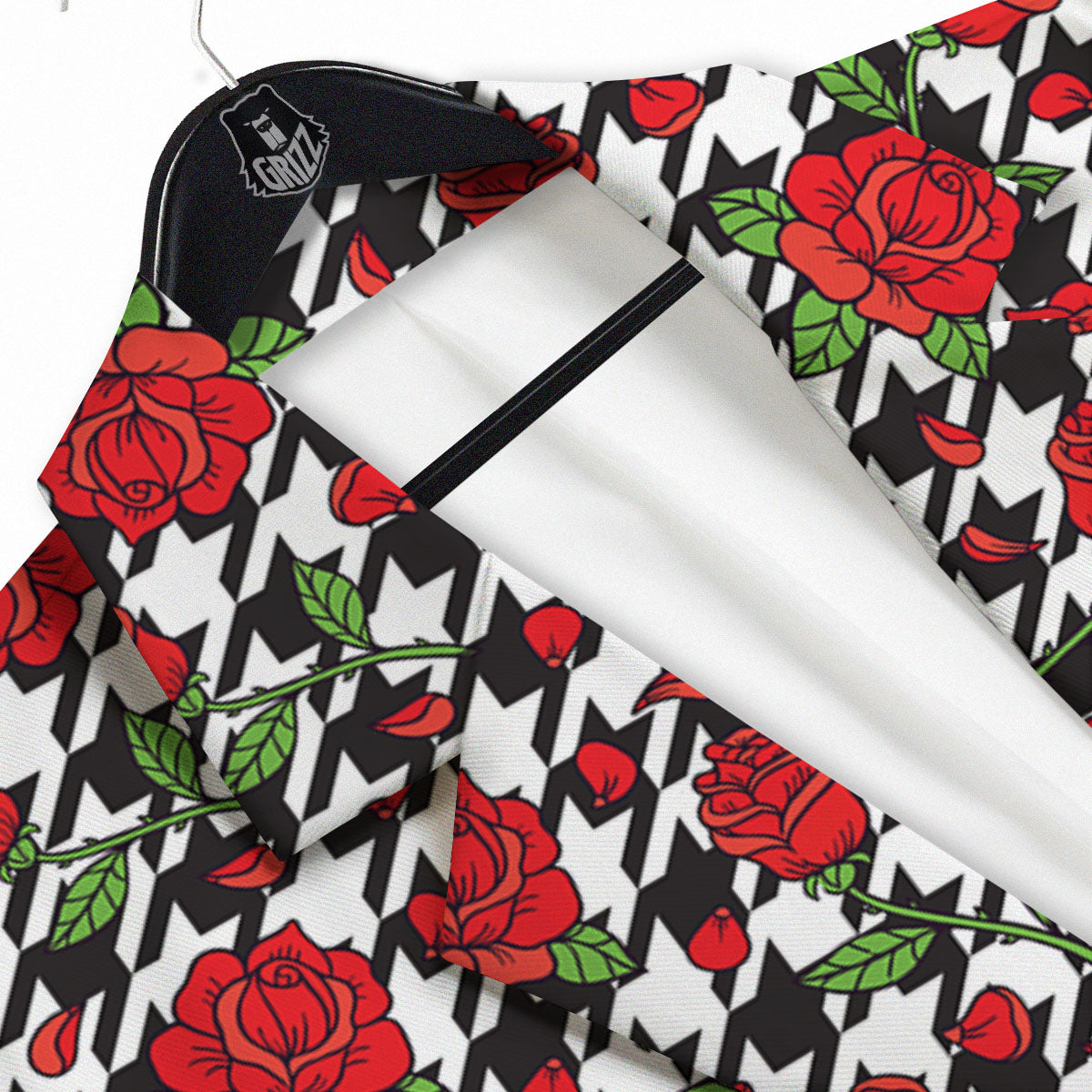 Houndstooth Red Roses Print Pattern Men's Sport Coat-grizzshop