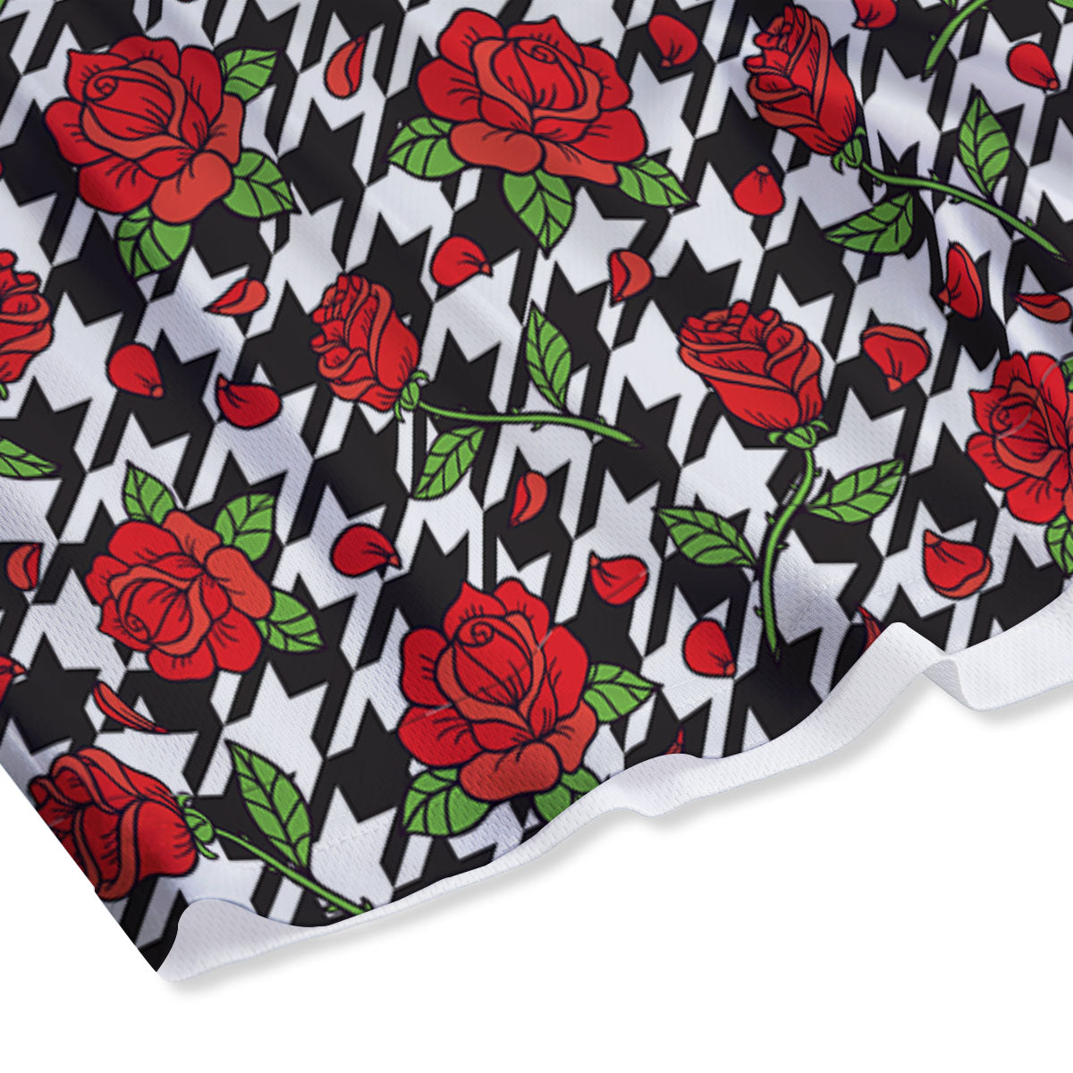 Houndstooth Red Roses Print Pattern Mesh Shorts