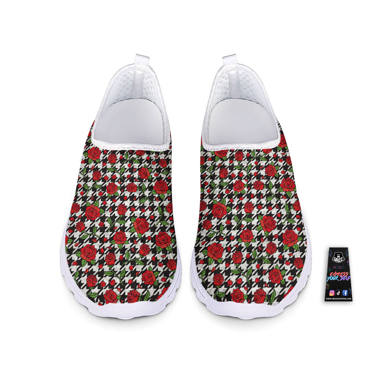 Houndstooth Red Roses Print Pattern Nurse Shoes-grizzshop