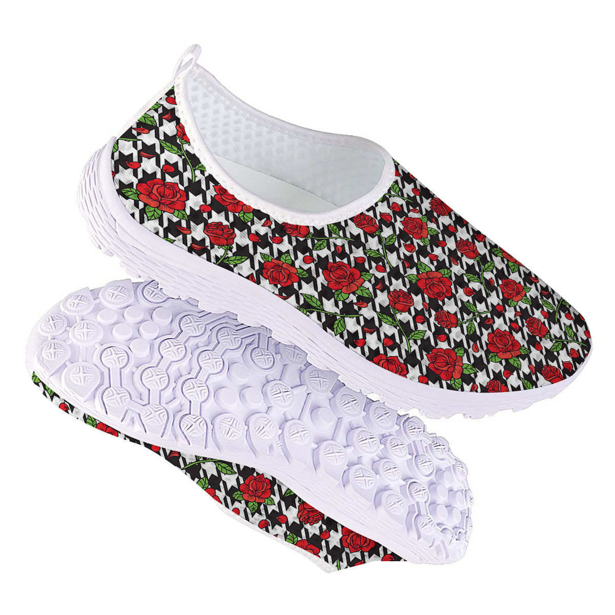 Houndstooth Red Roses Print Pattern Nurse Shoes-grizzshop
