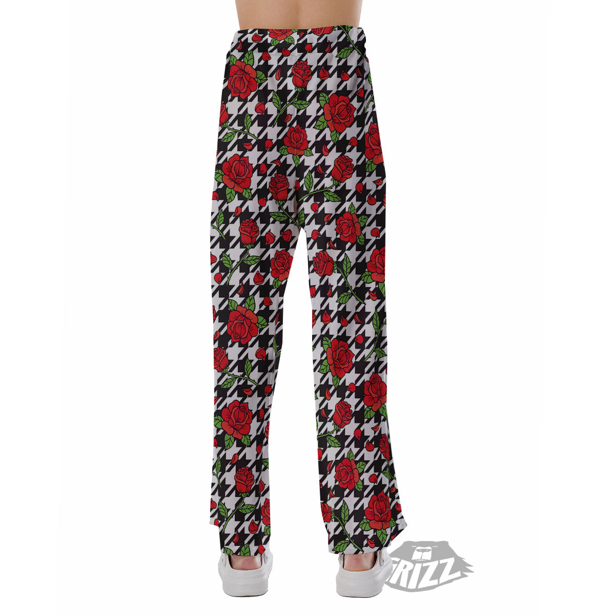 Houndstooth Red Roses Print Pattern Pajama Pants-grizzshop