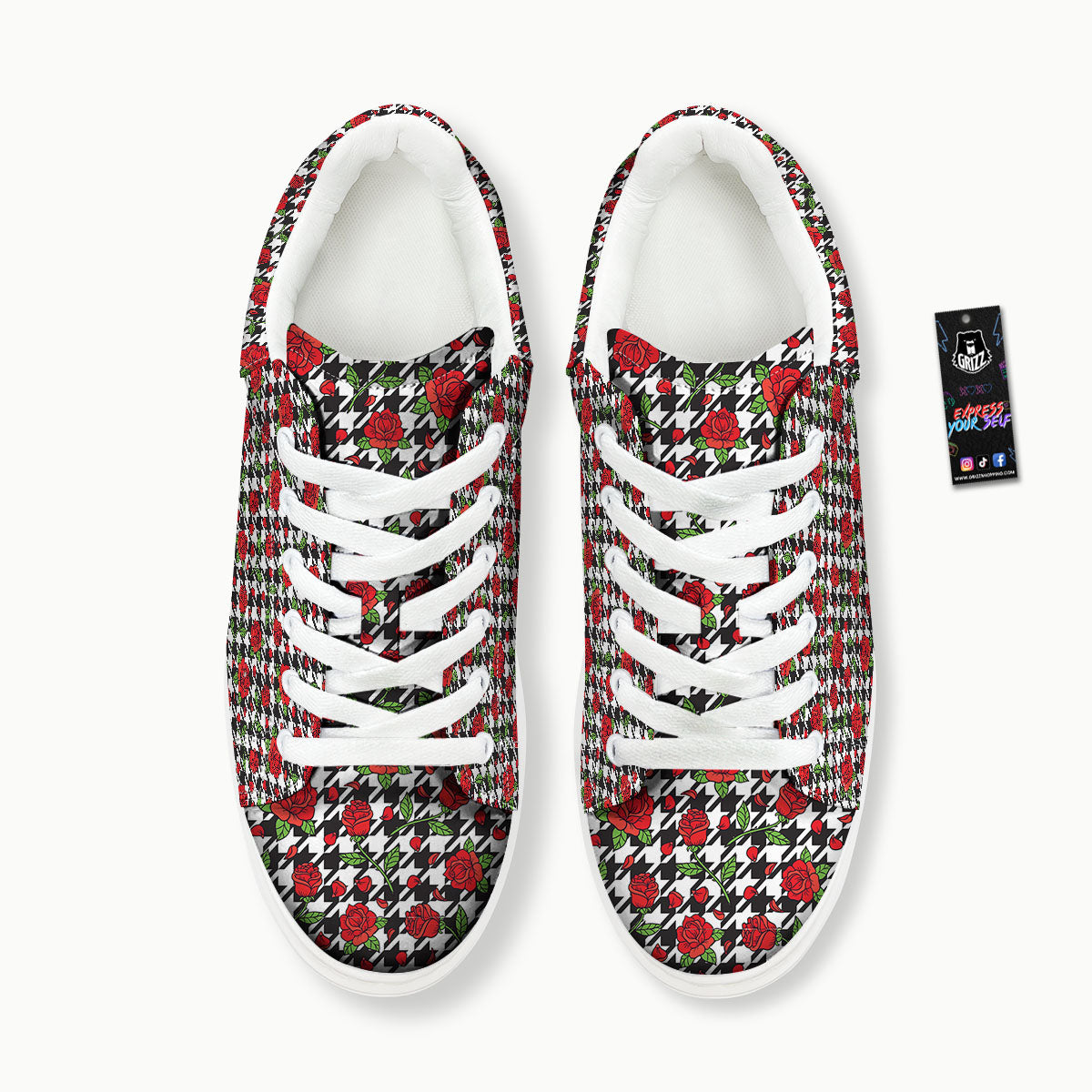 Houndstooth Red Roses Print Pattern Platform Shoes-grizzshop