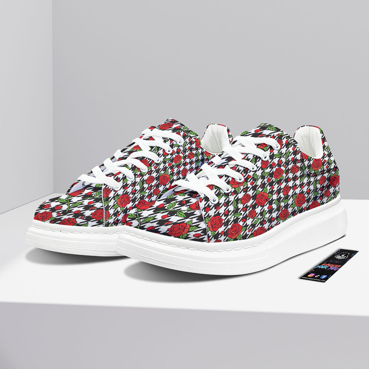 Houndstooth Red Roses Print Pattern Platform Shoes-grizzshop