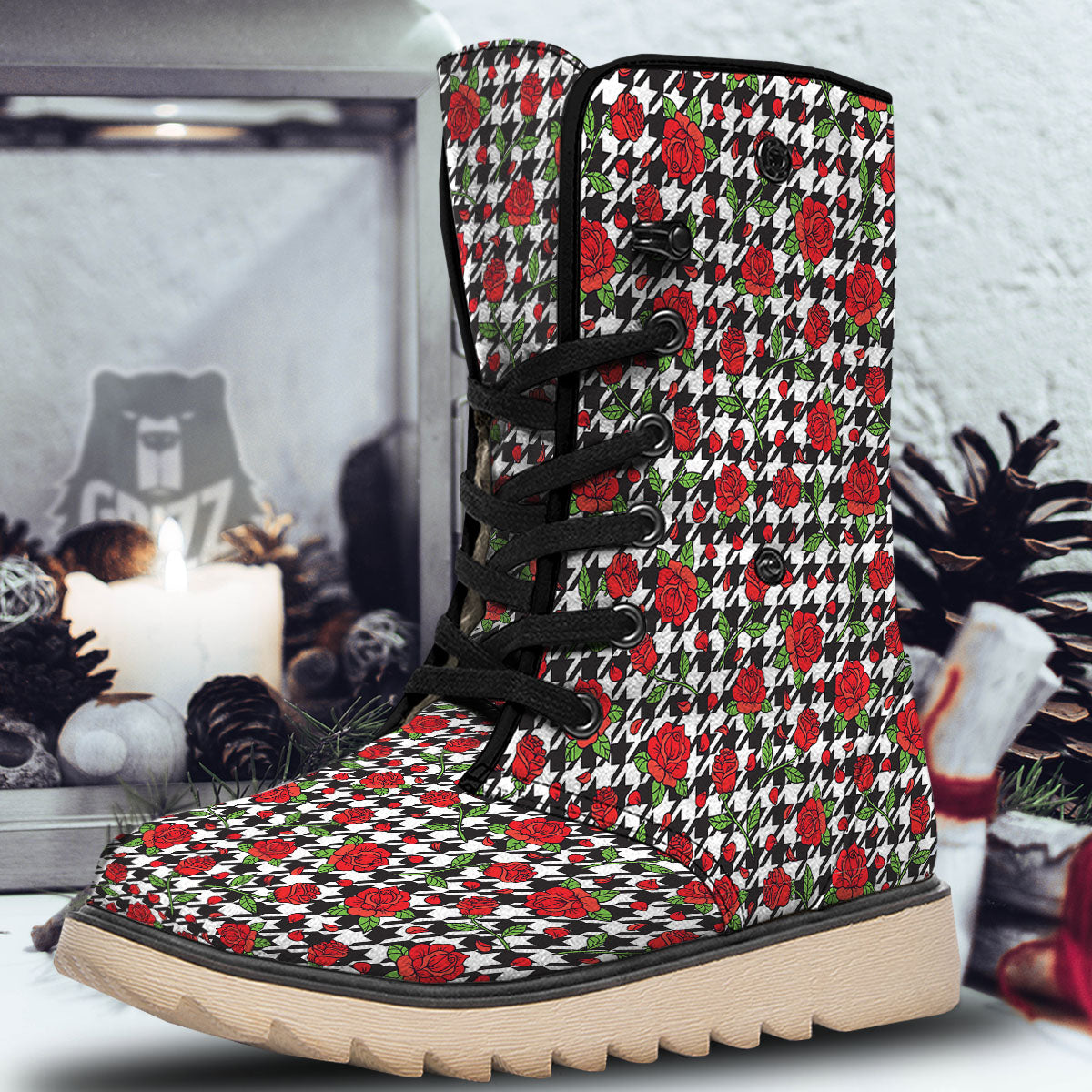 Houndstooth Red Roses Print Pattern Snow Boots-grizzshop