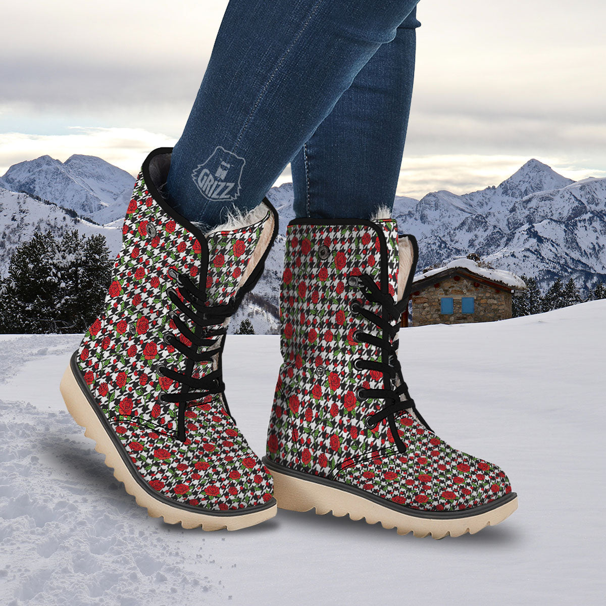 Houndstooth Red Roses Print Pattern Snow Boots-grizzshop