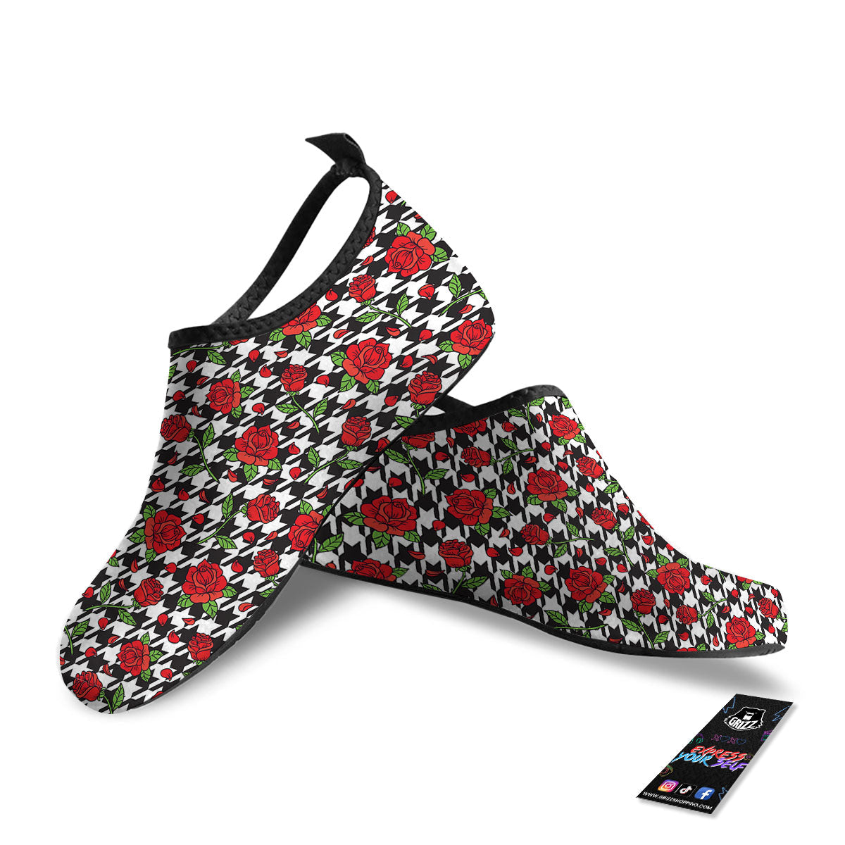 Houndstooth Red Roses Print Pattern Water Shoes-grizzshop